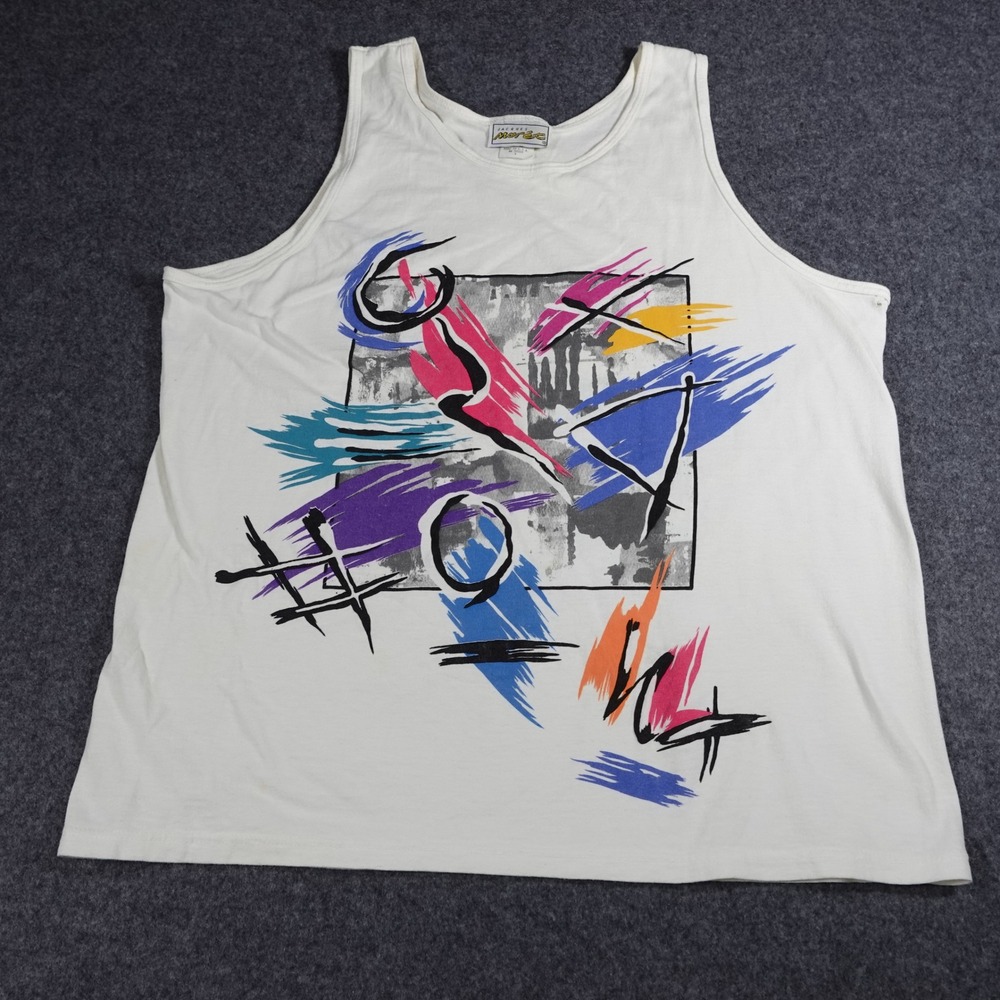 Vintage Jacques Moret Abstract Graphic Tank Top White Mens Small Made in USA